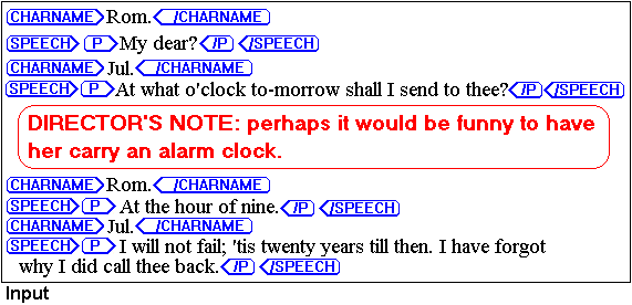 The first illustration is a screen shot of marked up text from Shakespeare's Romeo and Juliet, including a comment with a Director's Note suggesting Juliet should be carrying an alarm clock.